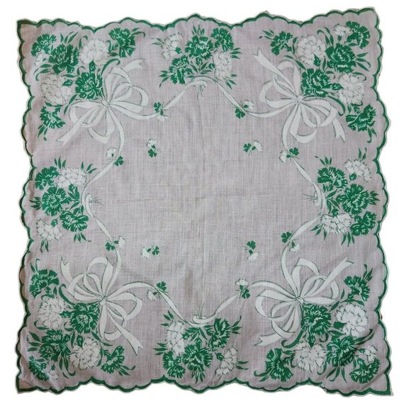 Vintage White and Green Floral Ribbons and Bows Hankie Scalloped Edges - Picture 6 of 6